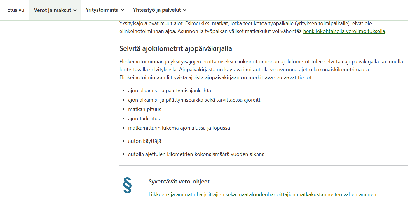 Verohallinnon vaatimukset ajopäiväkirjalle vero.fi-sivustolla
