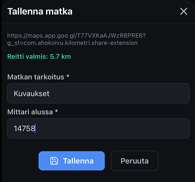 Reitin tuonti Google Mapsista Kilometri-sovellukseen ilman GPS-seurantaa