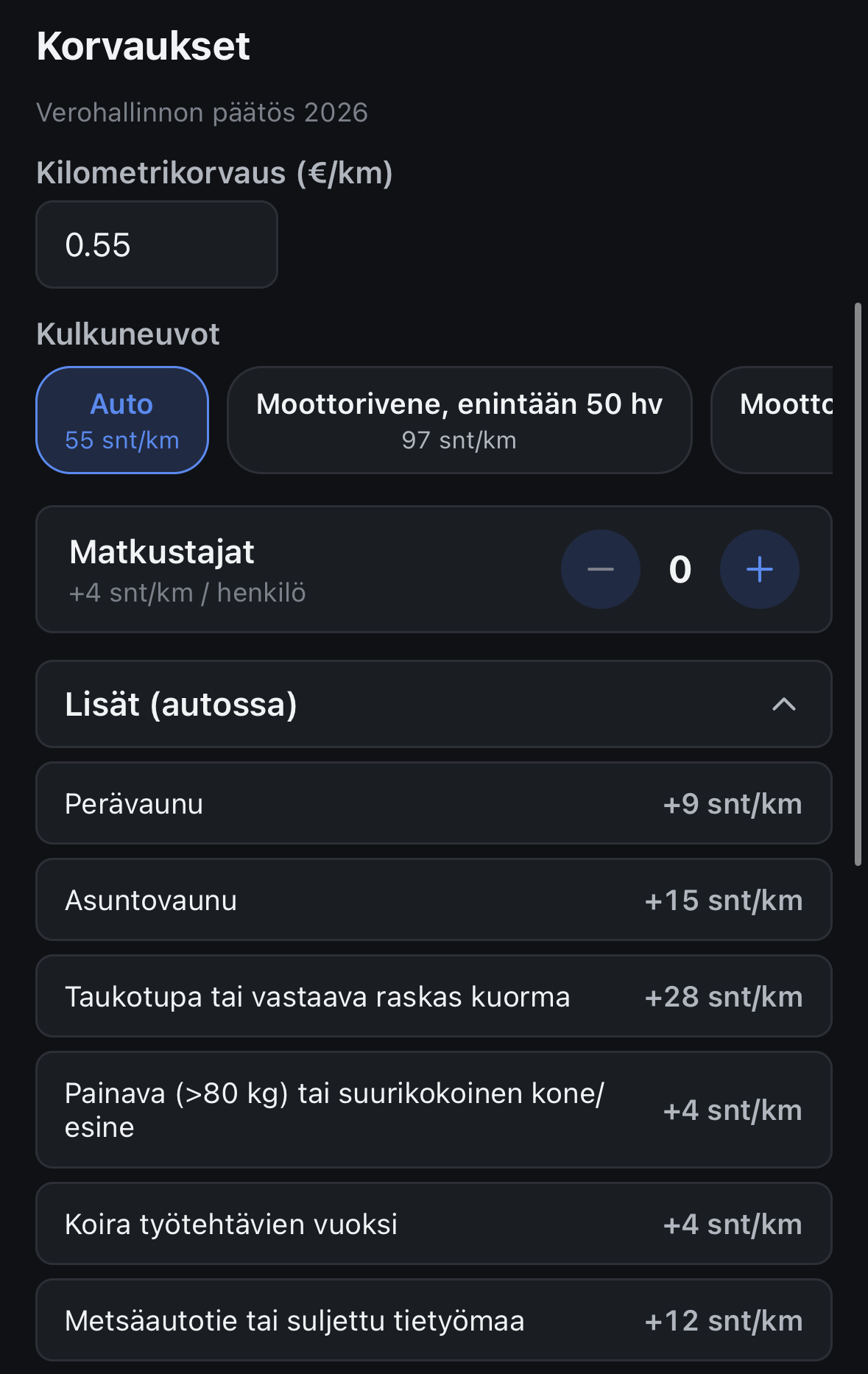 Kilometrikorvauksen korotukset Kilometri-sovelluksen lisät-näkymässä